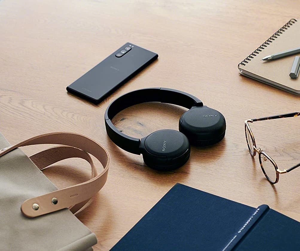 A pair of headphones on a desk