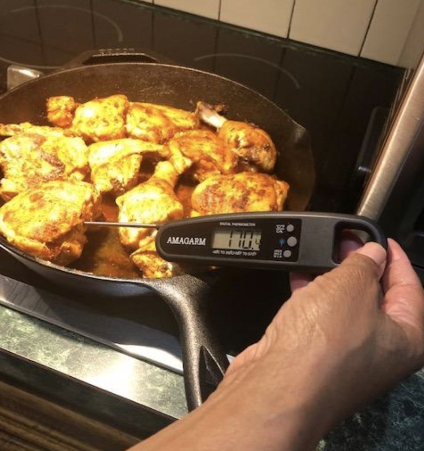 A reviewer using the thermometer to test chicken in a skillet