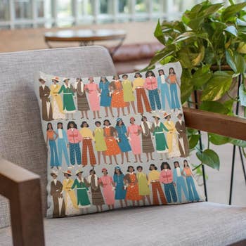Square decorative pillow with three lines of women's fashion through multiple decades 