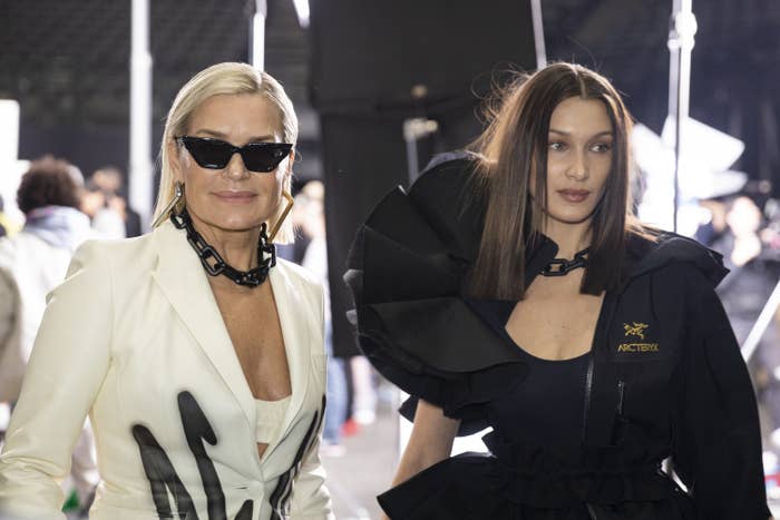 Yolanda Hadid and Bella Hadid are seen backstage after the Off-White Womenswear Fall/Winter 2020/2021 show at AccorHotels Arena as part of Paris Fashion Week on February 27, 2020 in Paris, France.