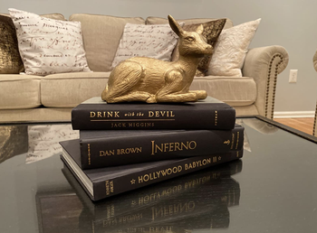 Reviewer photo of three black books under decor piece