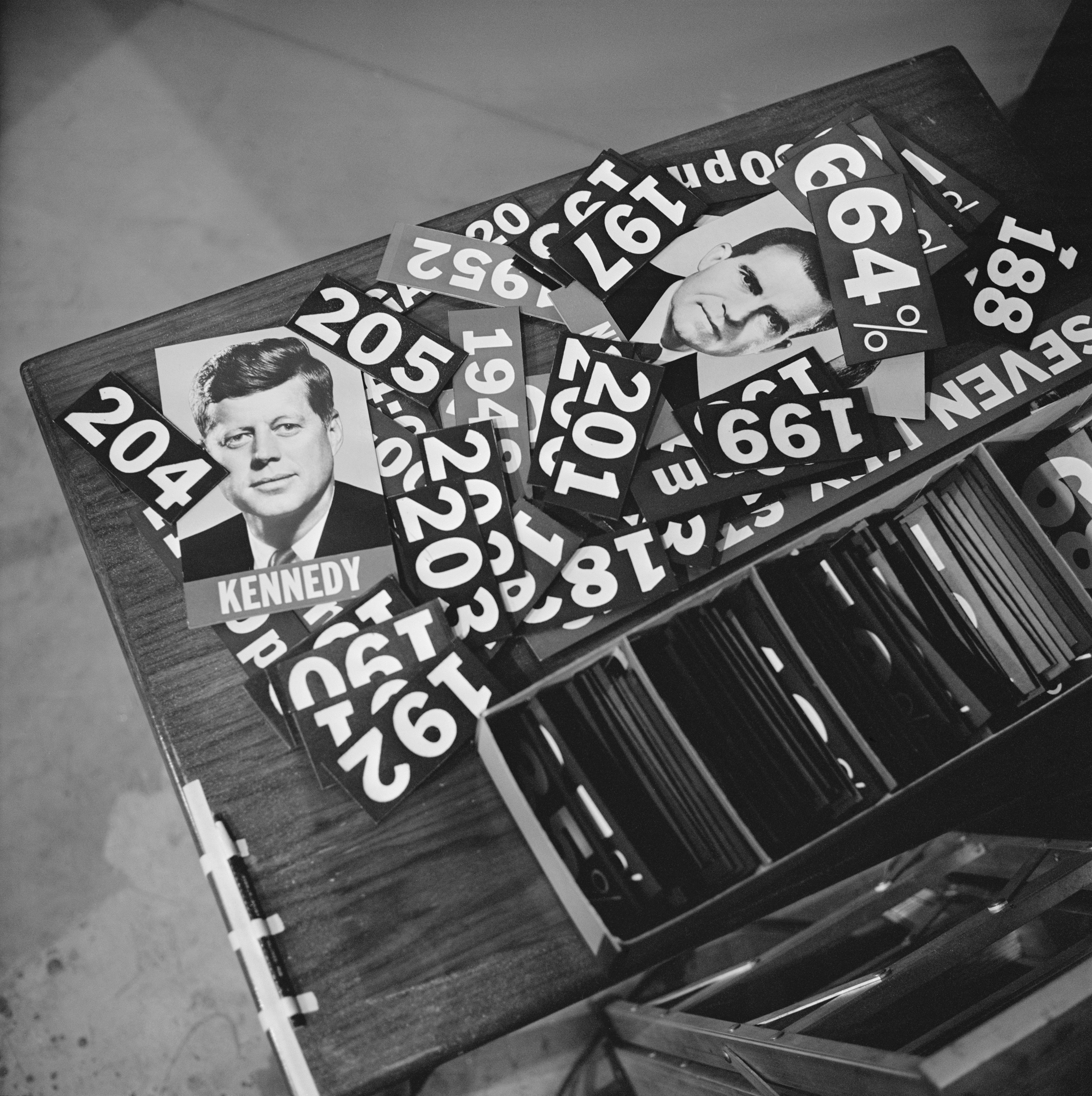 Numbers and faces on election ticker tags on a table