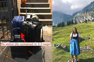 街上的行李箱上写着“我的全部生活装在3.5个袋子里”;在山里穿着紧腰小裙的女人