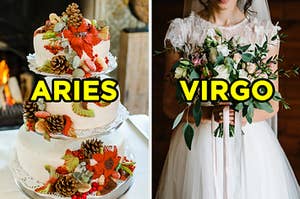 On the left, a three-tiered wedding cake topped with pinecones and fall flowers labeled "Aries," and on the right, a bride holding a bouquet labeled "Virgo"