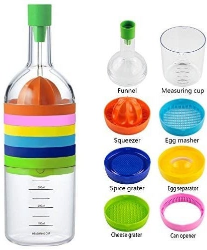 The gadget has a cheese and spice grater attachment, can opener, egg separator, egg masher, squeezer, funnel, and measuring cup