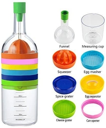 The gadget has a cheese and spice grater attachment, can opener, egg separator, egg masher, squeezer, funnel, and measuring cup