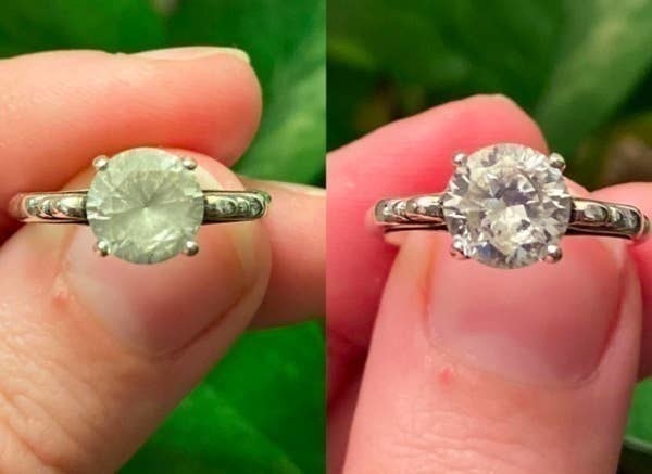 On the left, a diamond ring looking fogged up, and on the right, the same ring now looking clear and shiny