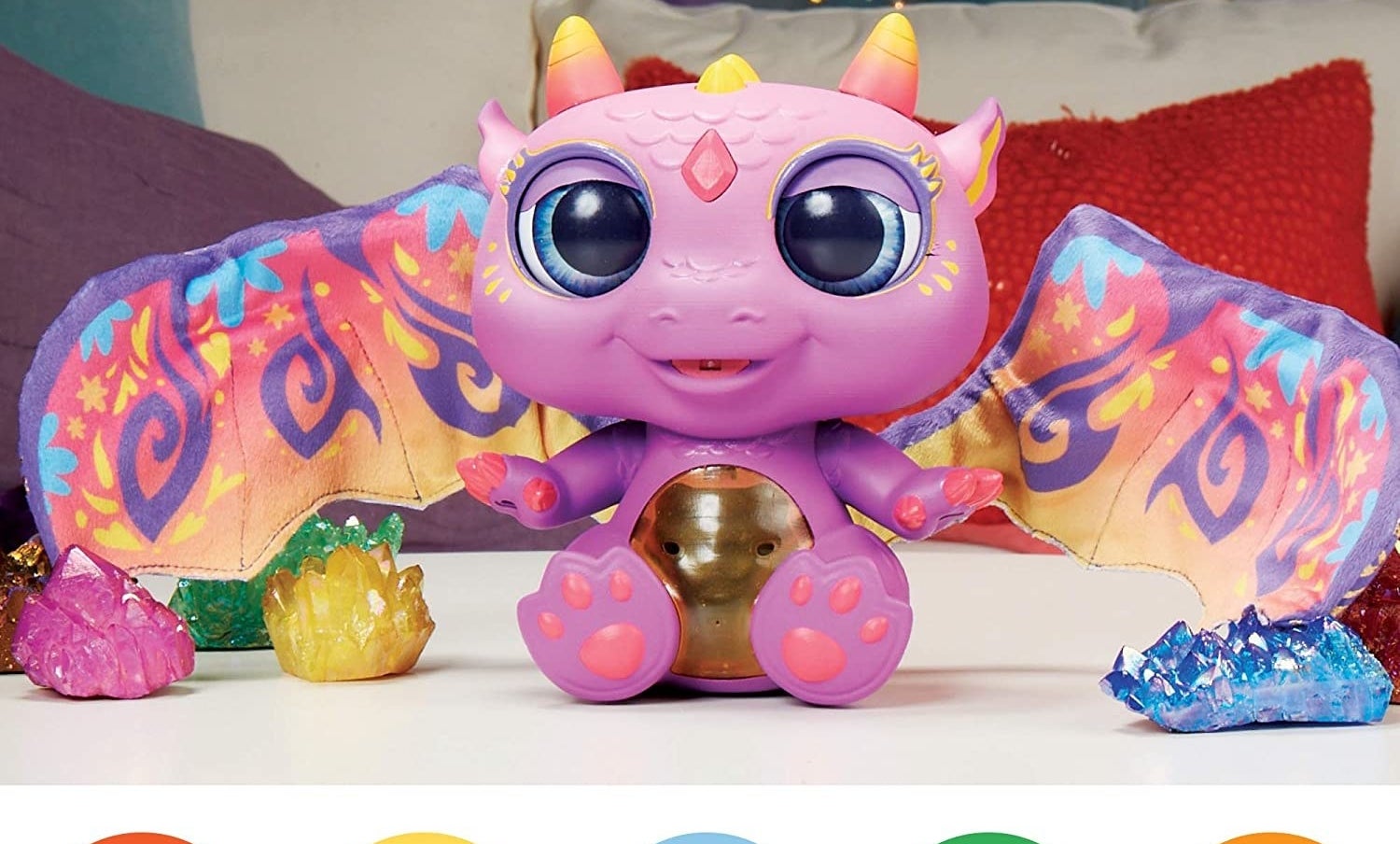 Purple toy dragon with wings extended and fire crystals 