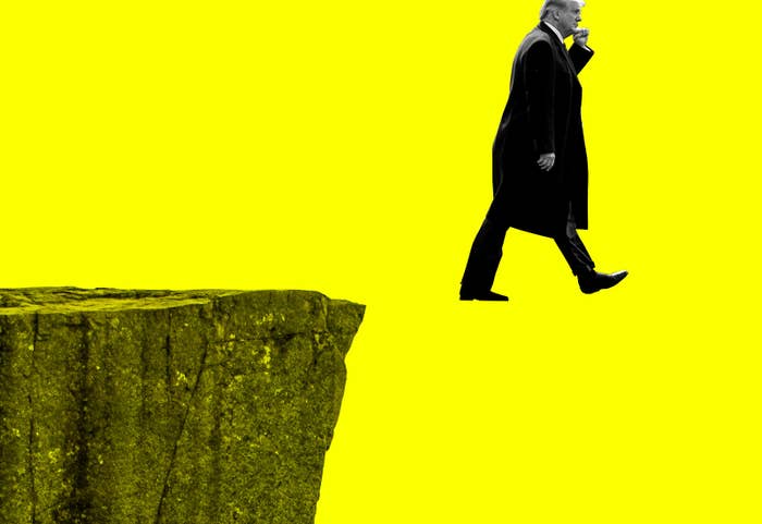 Trump is suspended in mid-air, as though he defies gravity, having walked off a cliff