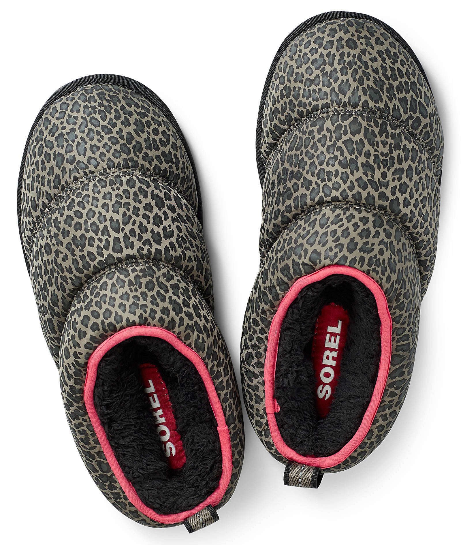 The pair of leopard print Sorel slippers