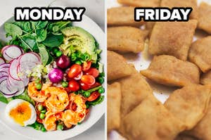 Monday label over salad and friday label over pizza rolls
