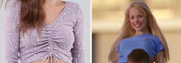 a ruched long sleeve crop top with tiny flowers and a still of Regina being carried in Mean Girls