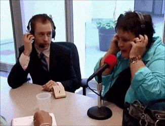GIF of woman taking of her headphones, grabbing her purse, and leaving an interview. Caption: &#x27;Goodnight. End of discussion.&#x27;