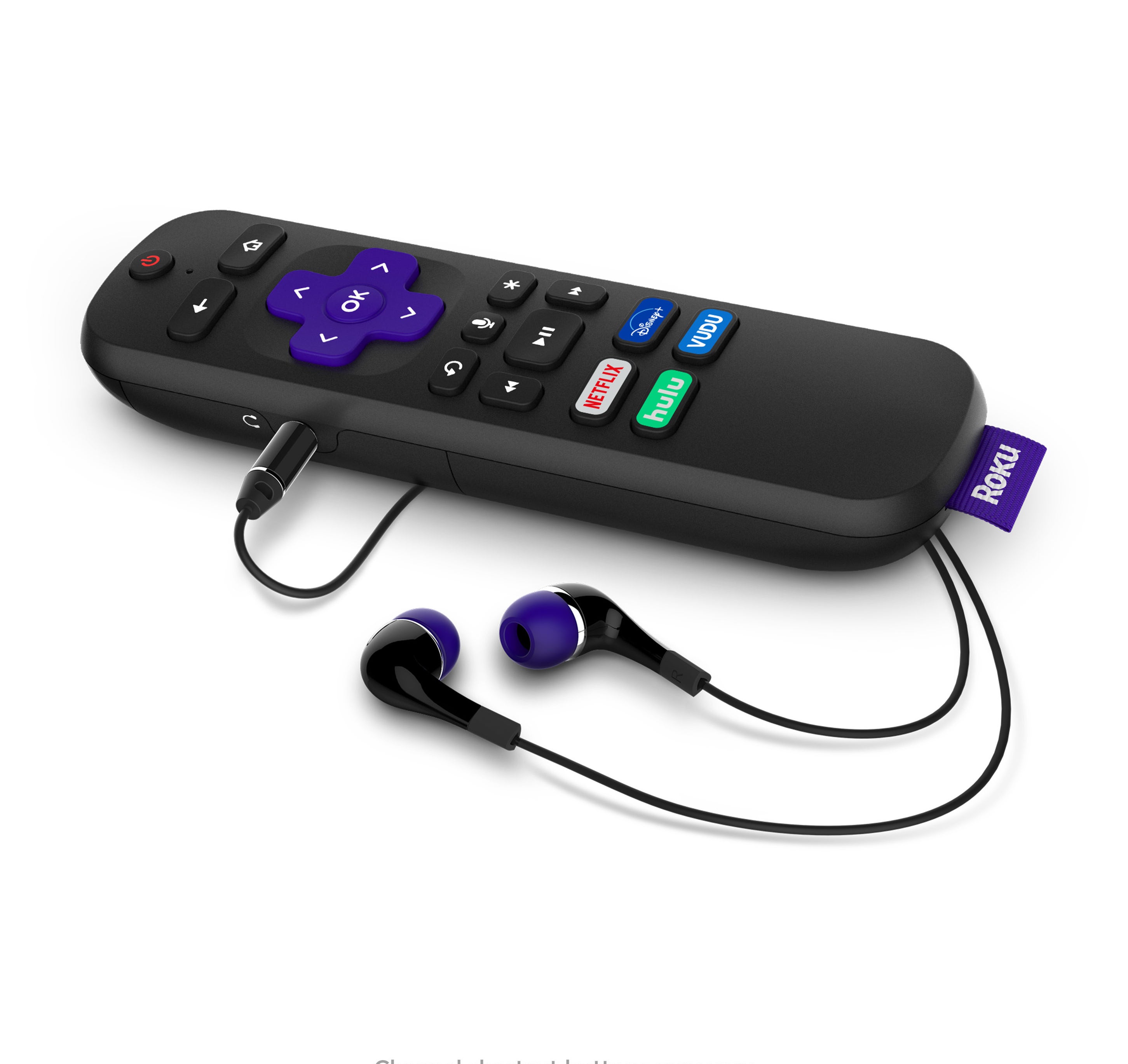 The remote, which has a headphone jack and a button to press to give voice commands