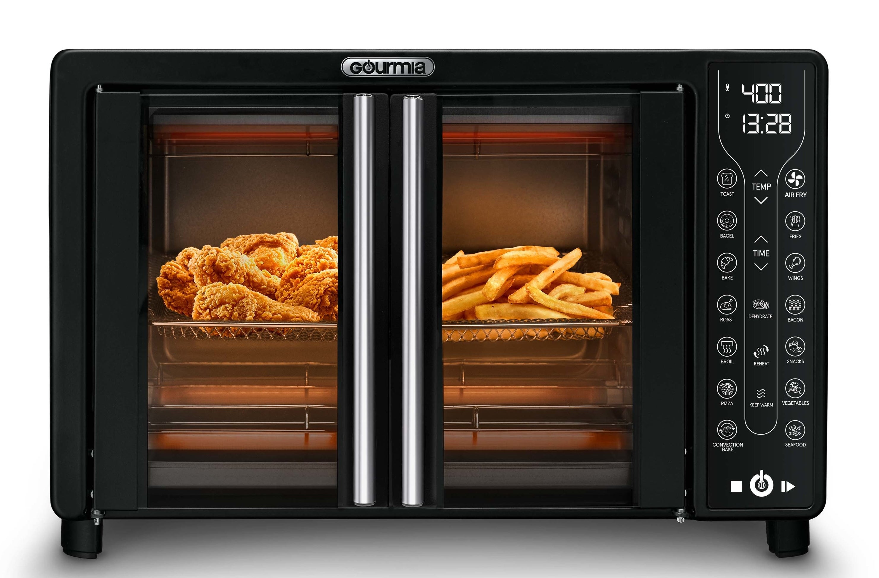 The oven, which has glass panel French doors so you can watch your food cook