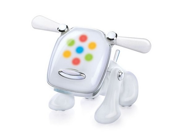 A white iDog with rainbow colors on it&#x27;s face and it&#x27;s ears up