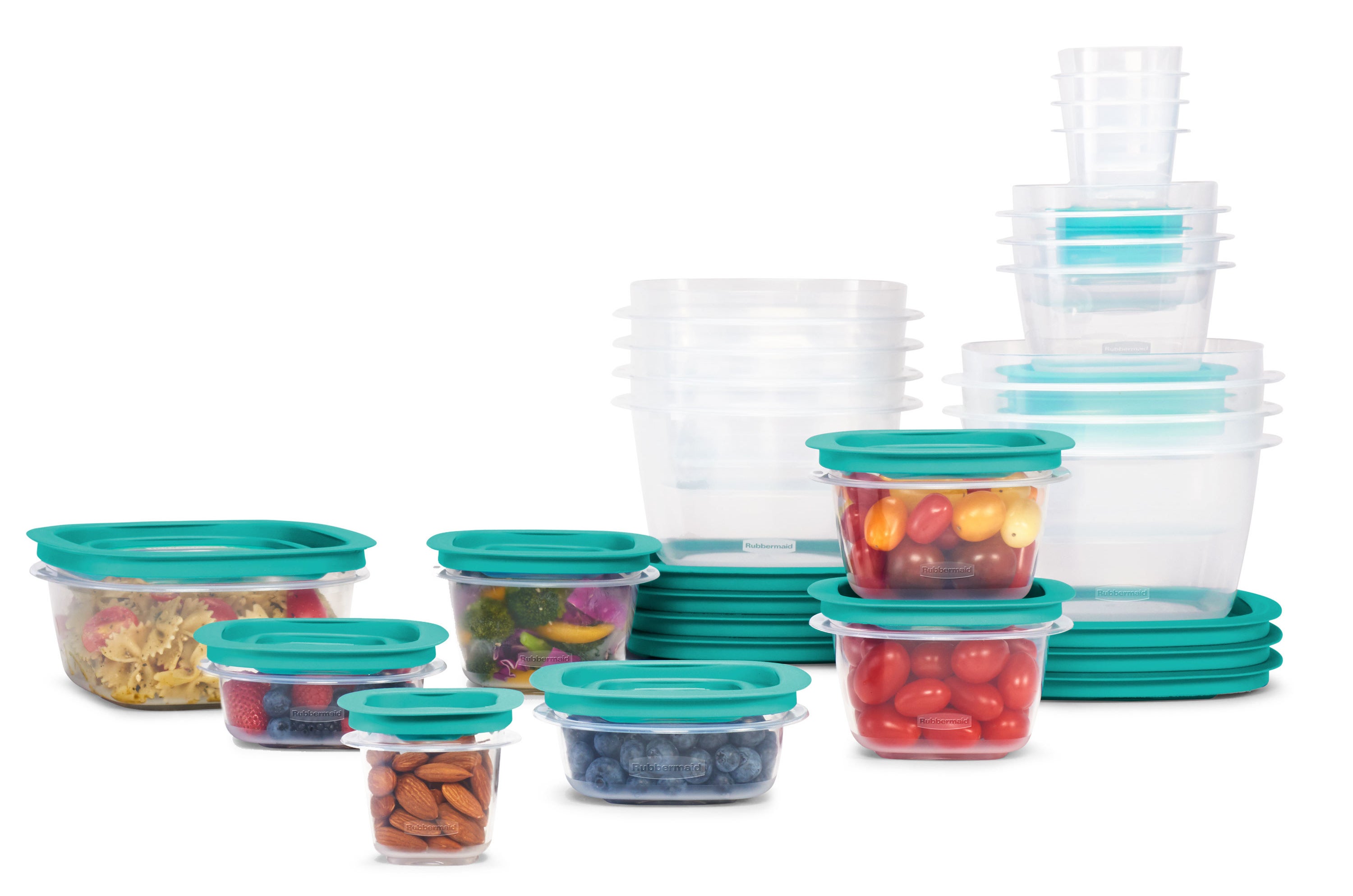 The clear and teal containers full of food