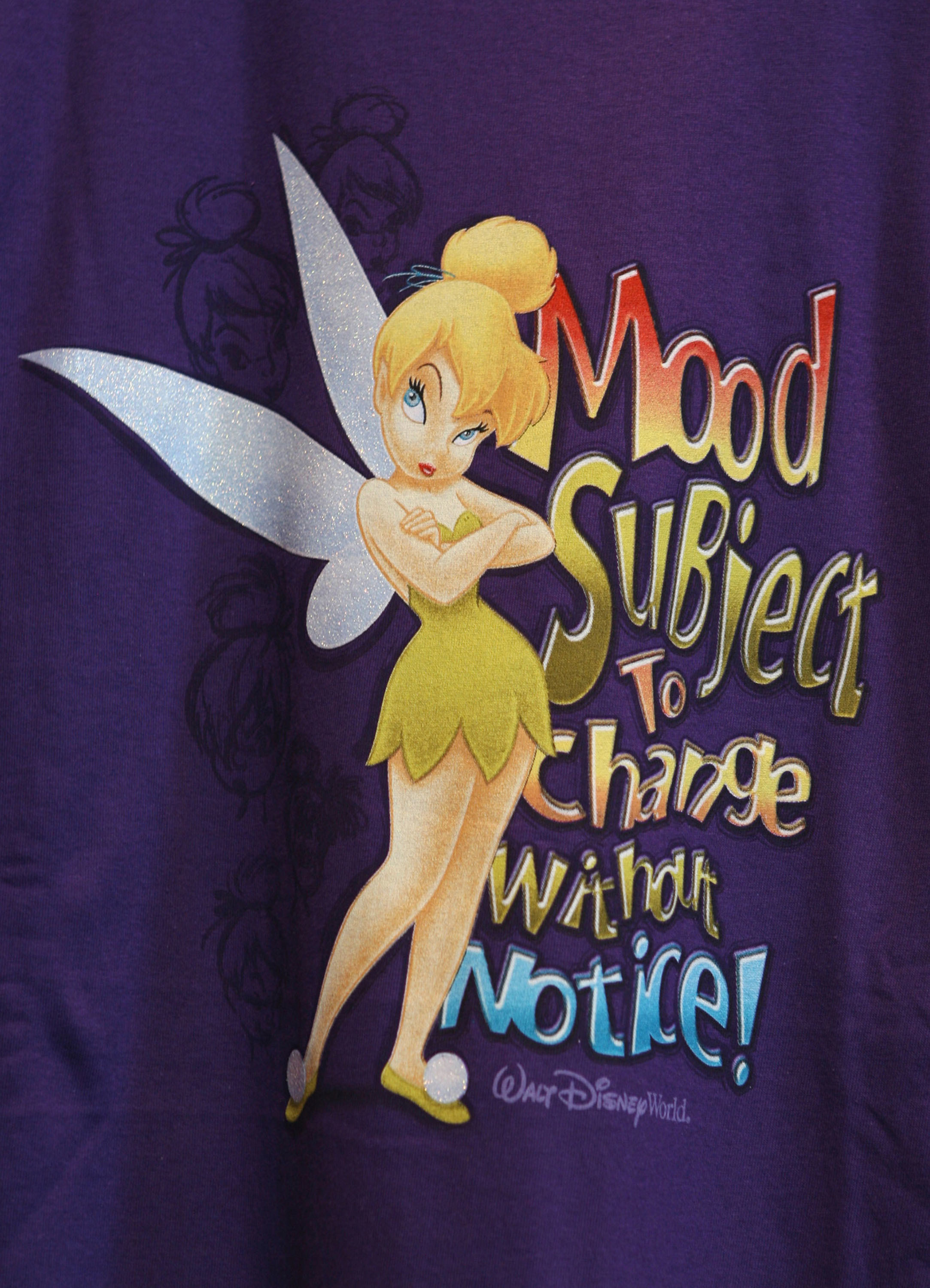 A purple T-shirt featuring Tinker Bell with the phrase &quot;Mood subject to change without notice!&quot; written beside her