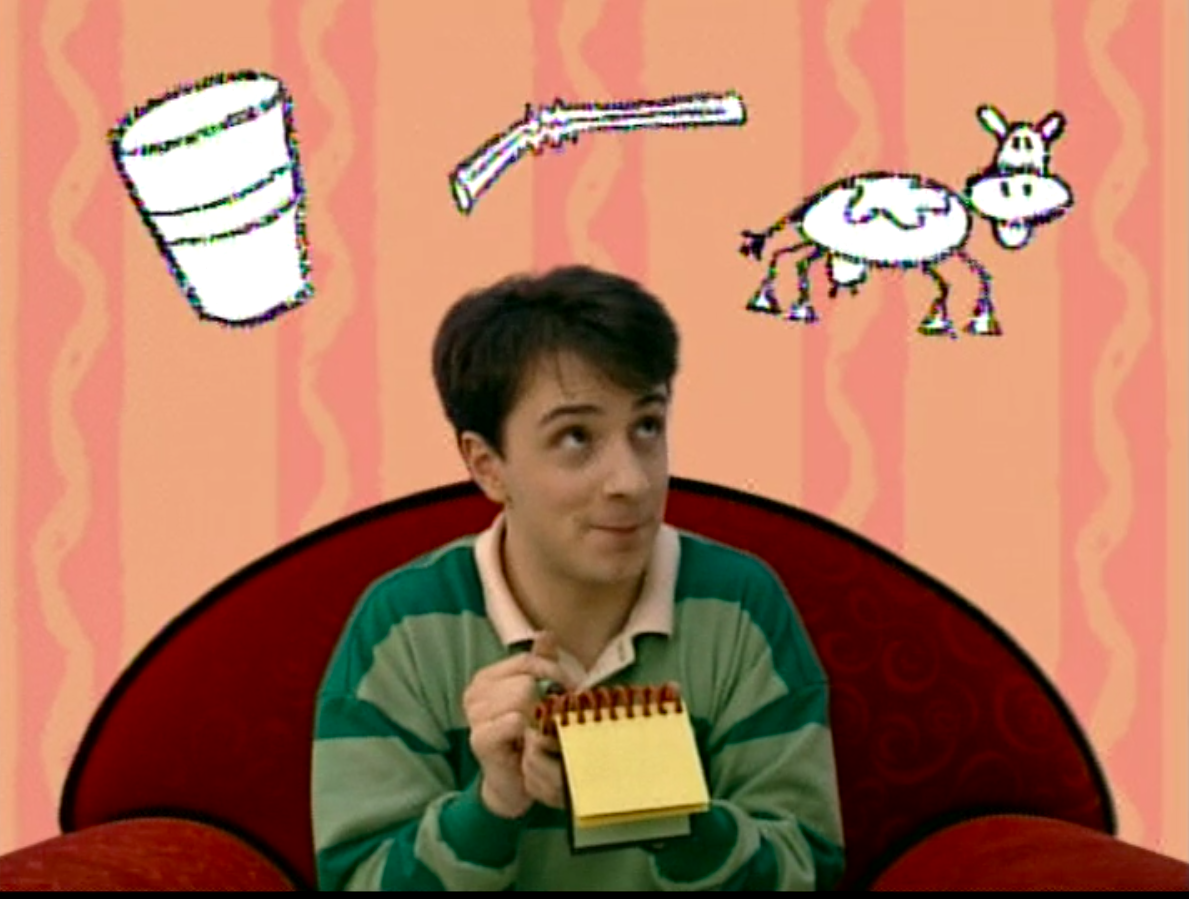 Steve looking at his hovering cup, straw and cow drawings
