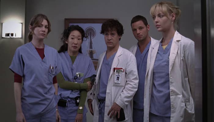 The original interns: Meredith, Cristina, George, Alex, and Izzie
