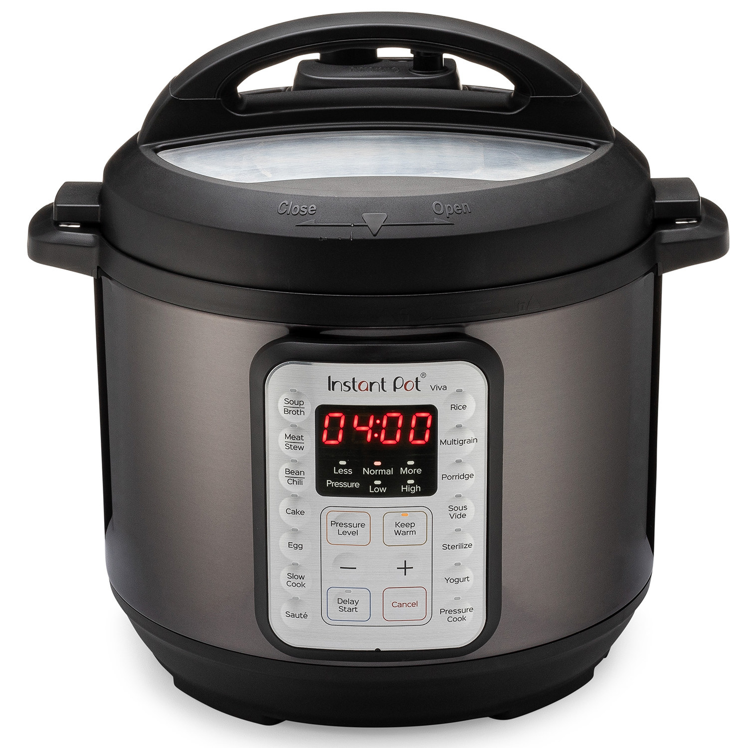 The Instant Pot, which has settings buttons on the front and is a brushed-gray metal color
