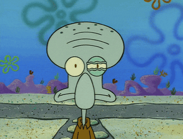 Squidward from animated show SpongeBob SquarePants staring ahead with one eye twitching
