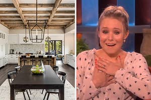 A dining room with exposed wooden beams on the ceiling, a dining room table, and a kitchen counter, and on the right, Kristen Bell clutching her heart with both hands with tears in her eyes in an "aww" type of way
