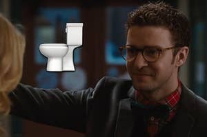 Justin Timberlake in the movie bad teacher with a toilet emoji next to his head 