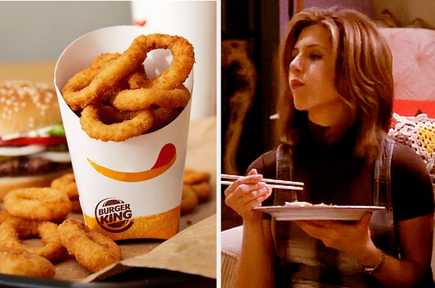 A container of onion rings are on the left with Rachel Green eating on the right