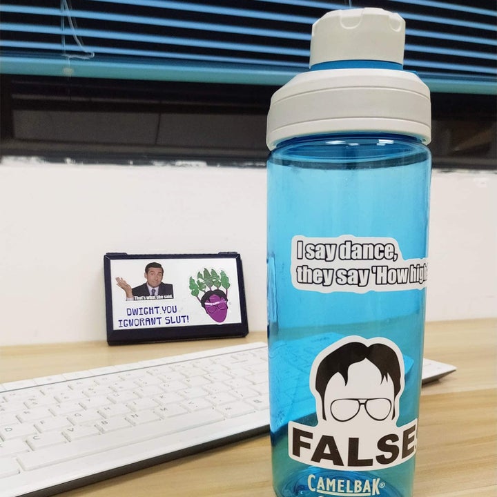 A close-up of a sticker on a water bottle; it has the outline of Dwight's forehead and glasses and says "false" 
