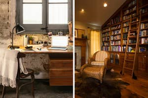 Side by side image showing a cosy desk and a library with an arm chair and book ladder