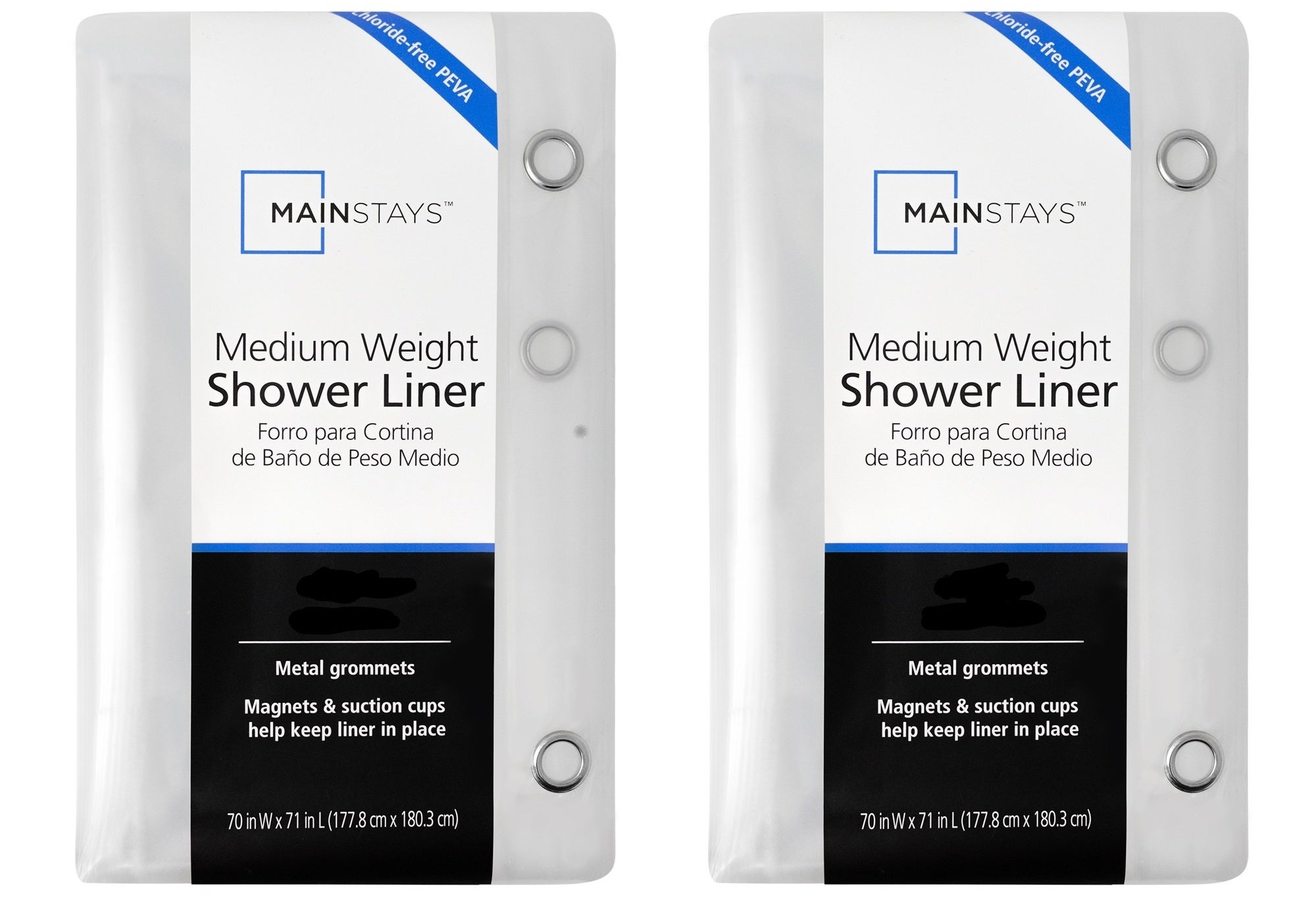 Two shower curtain liners in packaging