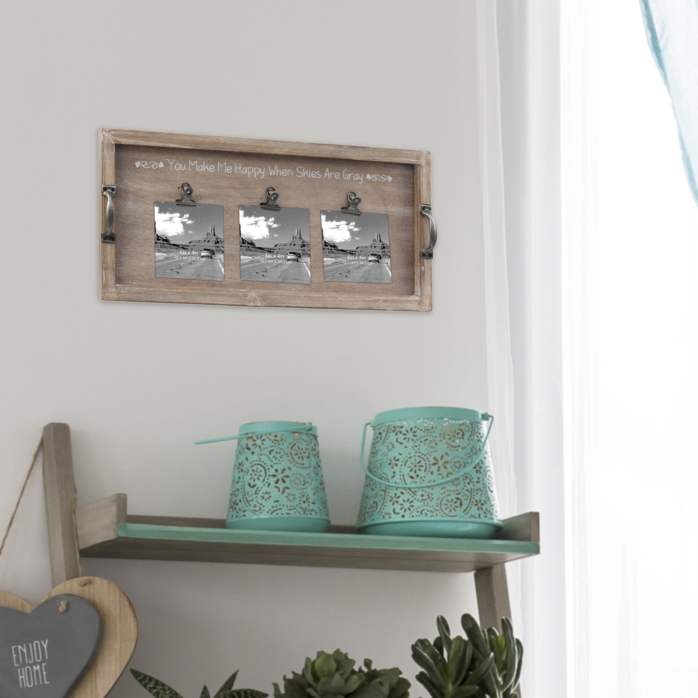 The wall hanging above a shelf