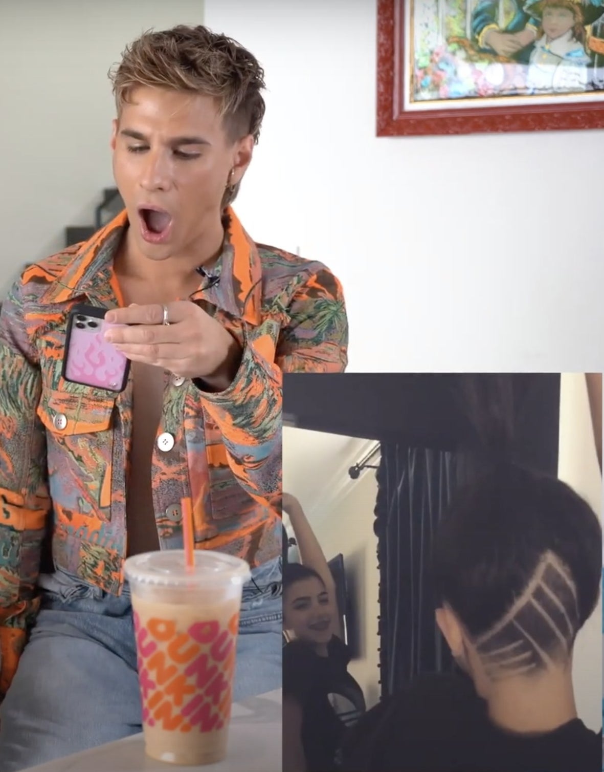 Brad gasps at a photo of Charli with a partially shaved head 