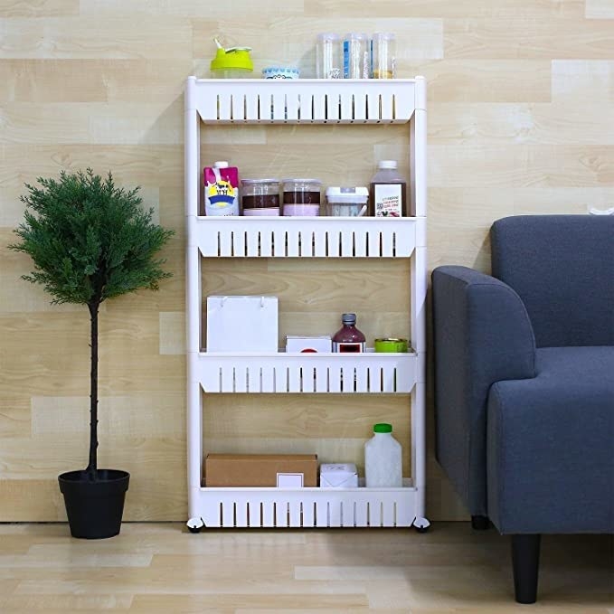 White four-tiered kitchen shelf.