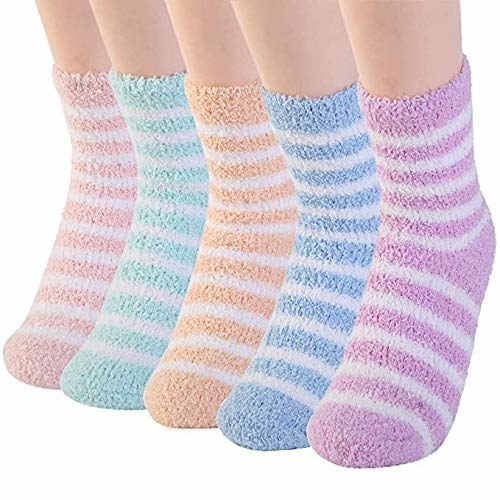 Multicoloured striped fuzzy socks.