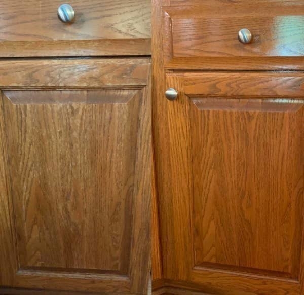 On the left, a reviewer's wooden cabinet looking old and dirty, and on the right, the same reviewer's wooden cabinet, now looking brighter and cleaner