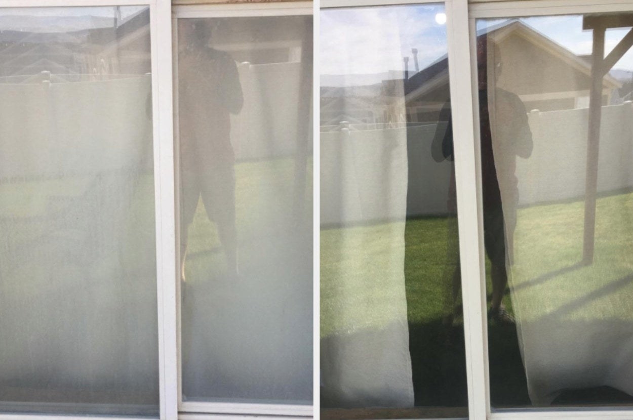 On the left, windows looking a bit fogged up, and on the right, the same windows now looking much clearer 