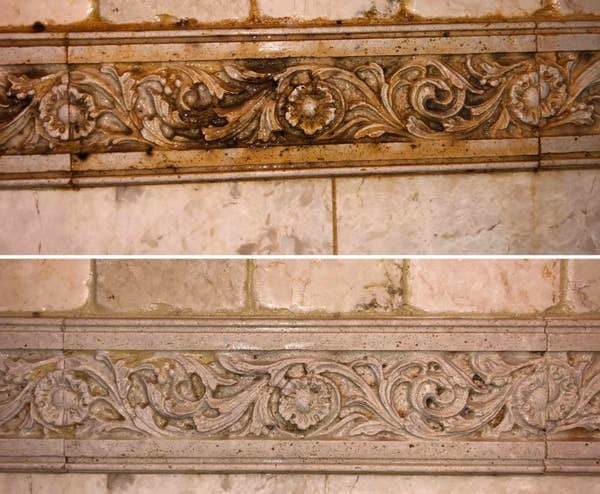 On the top, a shower wall looking brownn and dirty, and on the bottom, the same wall now looking much cleaner