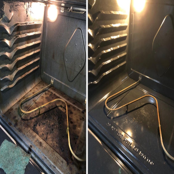 On the left, the inside of an oven looking dirty, and on the right, the same oven now looking clean