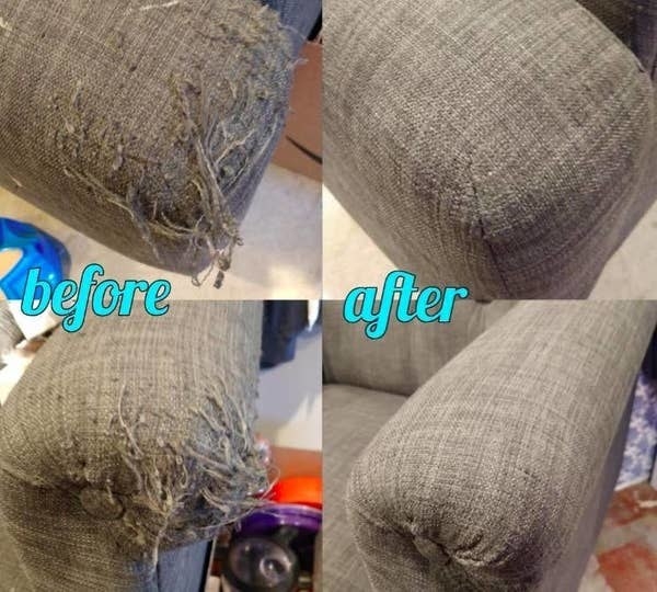 On the left, the arm of a couch with fabric pilling on it, and on the right, the same arm of the couch but the defuzzer got rid of the pilling