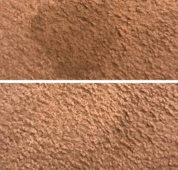 On the top, a wet stain on a carpet, and on the bottom, the same carpet, now clear of the stain after using the pad