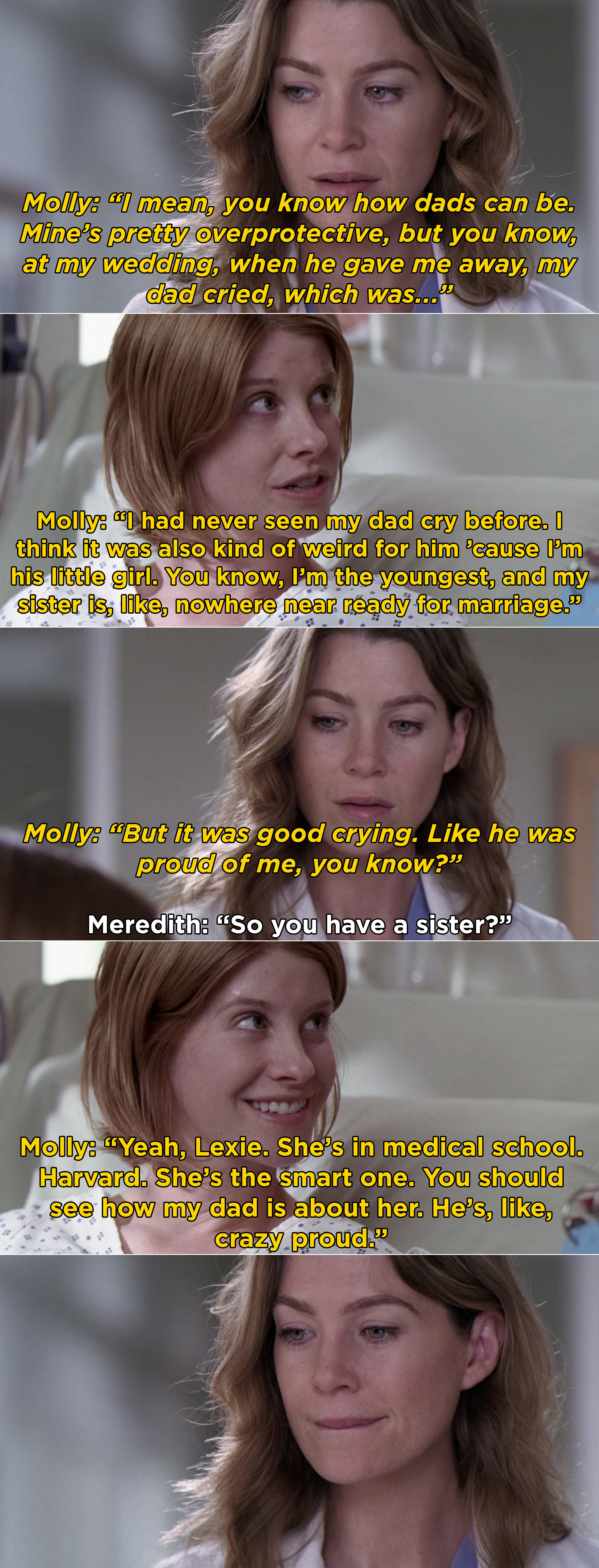 Molly telling Meredith how her dad cried at her wedding and how he&#x27;s so proud of her sister Lexie