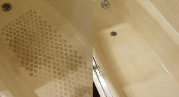 On the left, the bottom of a tub covered with soap scum and grime, and on the right the same tub, but it's now completely clean