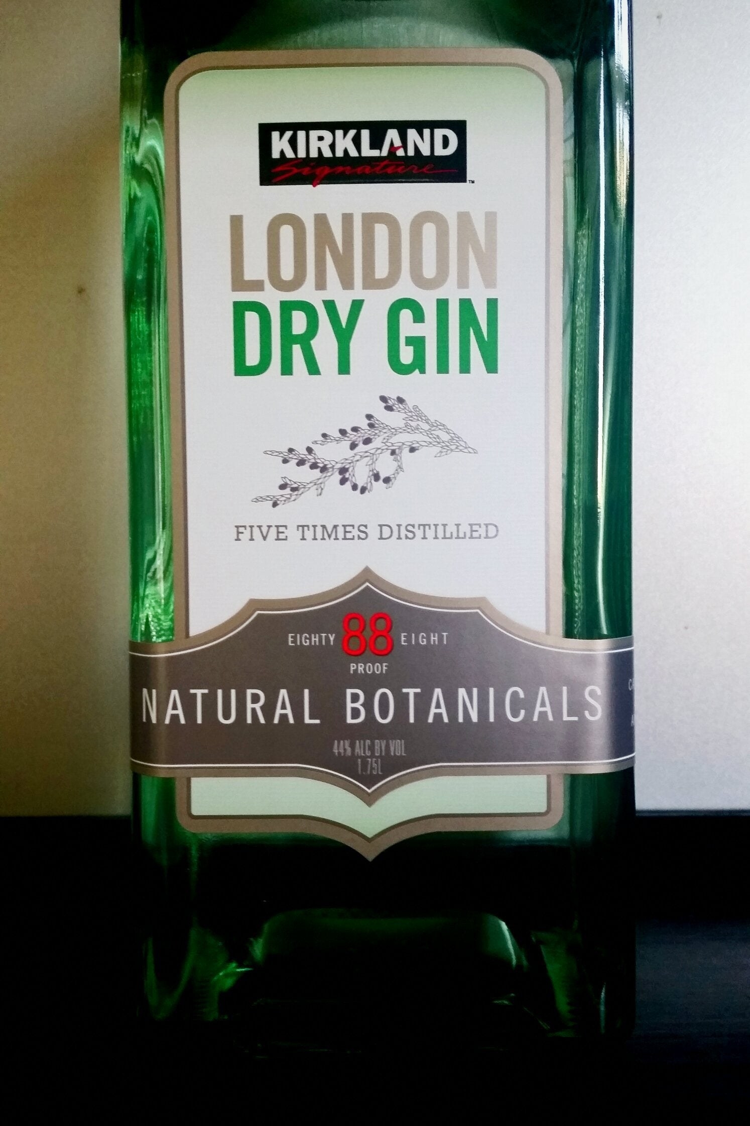 A bottle of Kirkland London dry gin. 