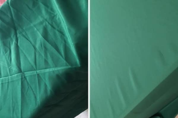 On the left, a sheet with wrinkles, and on the right, the same sheet now free of wrinkles after using the spray
