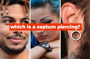 Side-by-side images of three different piercing with the question "which is a septum piercing?" over top