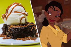 A caramel brownie with ice cream on top on the left and princess tiana on the right