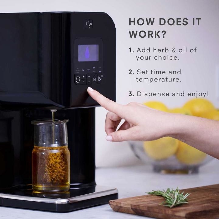 The machine dispensing oil with text on the image describing how to use the appliance