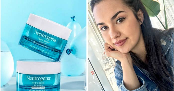 two bottles of Neutrogena and a photo of Buzzfeed writer Kayla Suazo